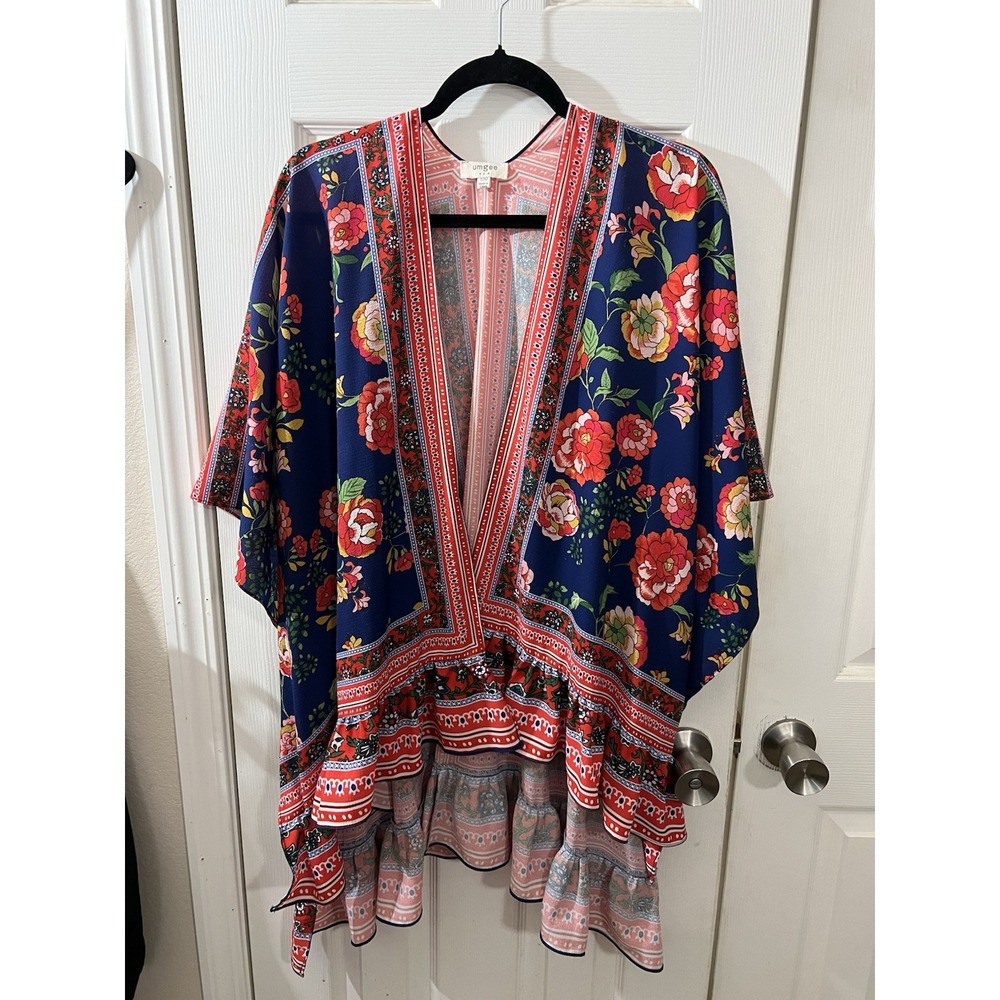Umgee USA Floral Border Ruffle‎ Trim Kimono Wrap Size S/M